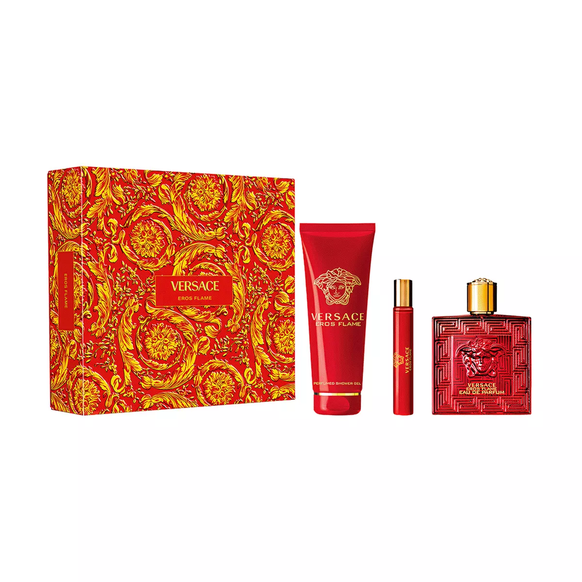 Eros Flame Set By Versace EDP For Men (EDP 100 ml + EDP 10 ml Travel Spray + Prfm Shower Gel 150 ml) - 3 Pieces